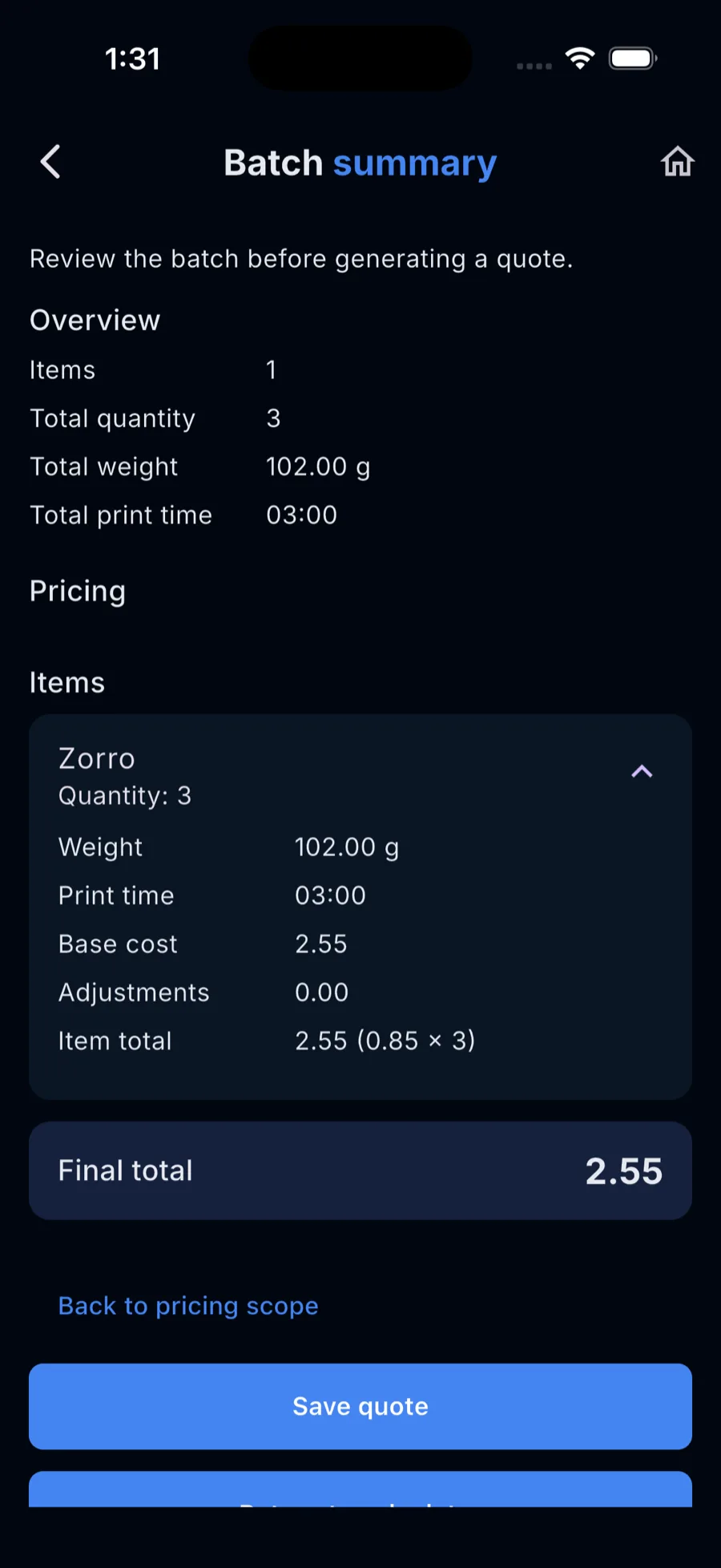 Batch costing summary showing combined costs for multiple print items
