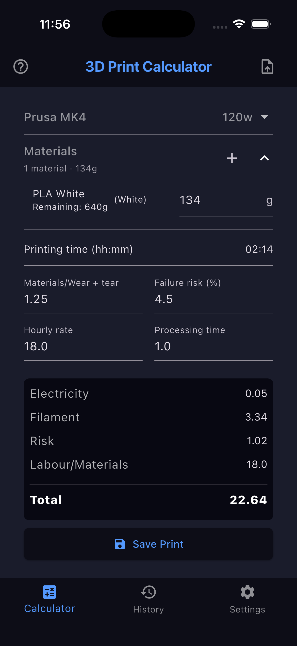 Calculator screen showing detailed print cost breakdown