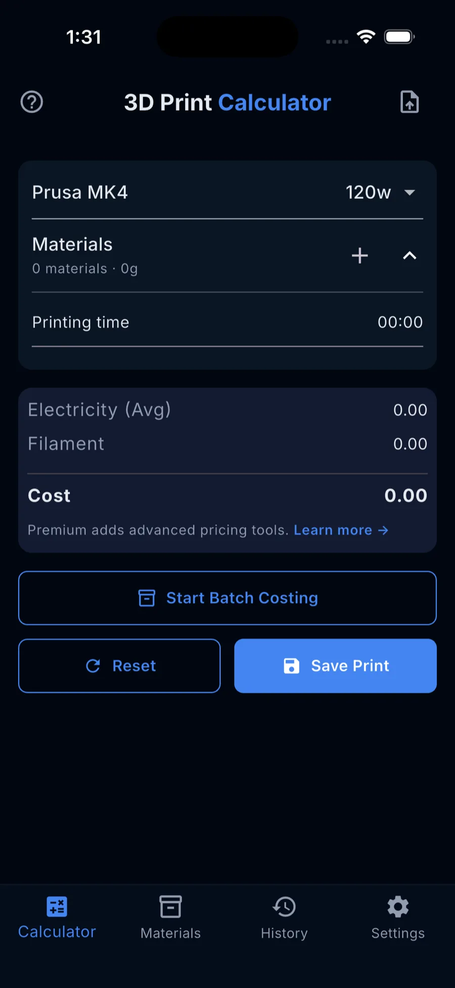 Free calculator showing filament, electricity, and total print cost