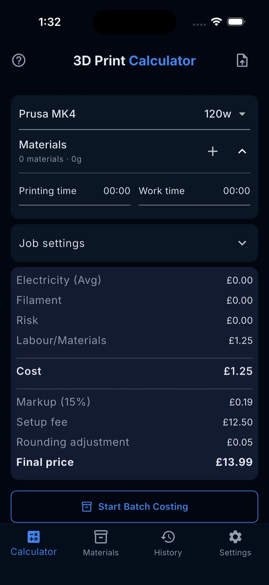 Calculator screen showing print cost breakdown with materials and electricity