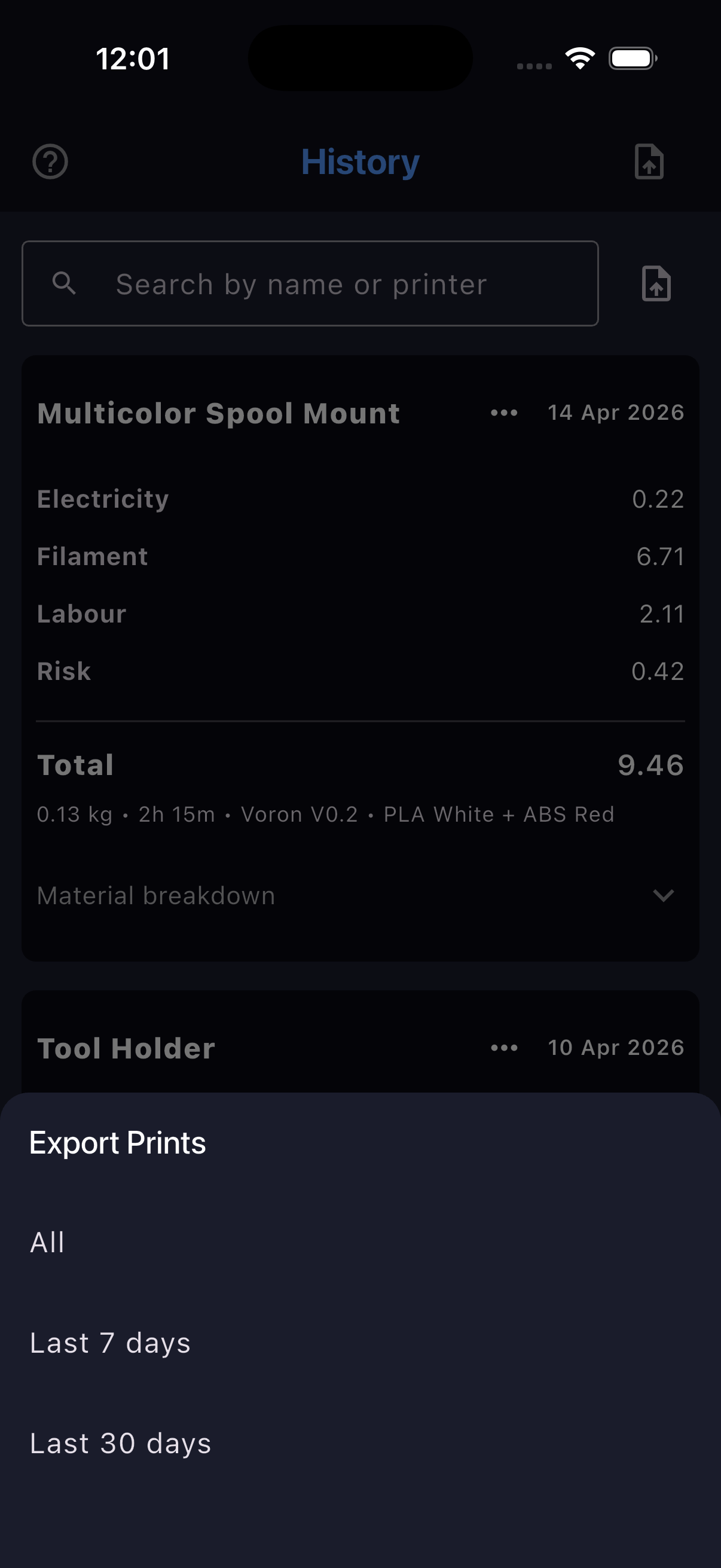 History tab listing saved print jobs with cost totals