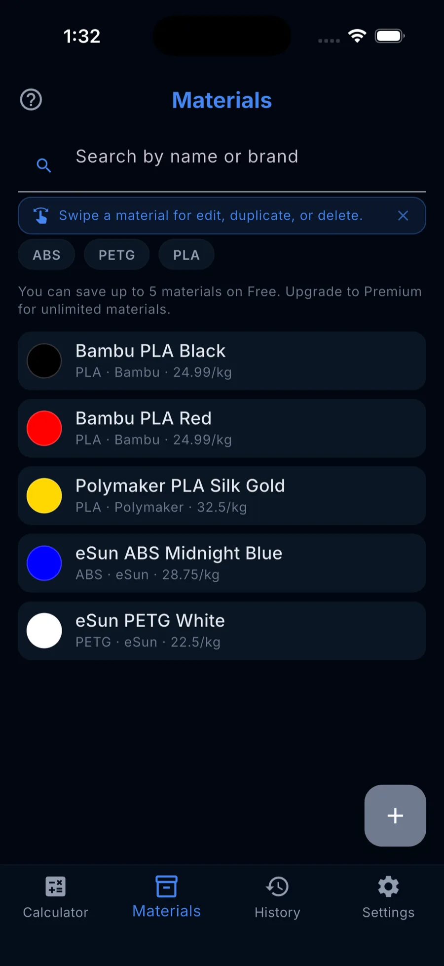 Saved materials and printer profiles used for faster repeat calculations