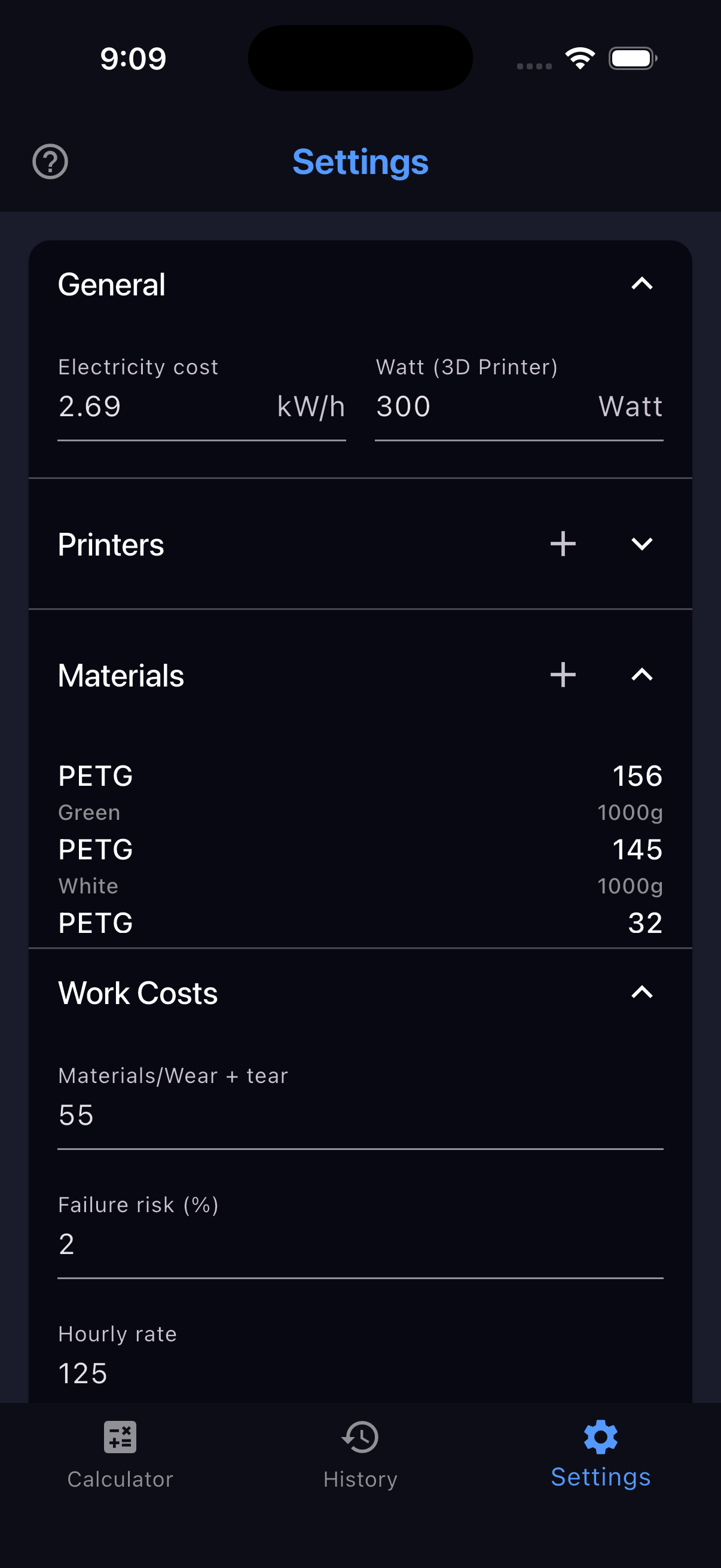Settings tab for electricity, printers, materials, and work costs