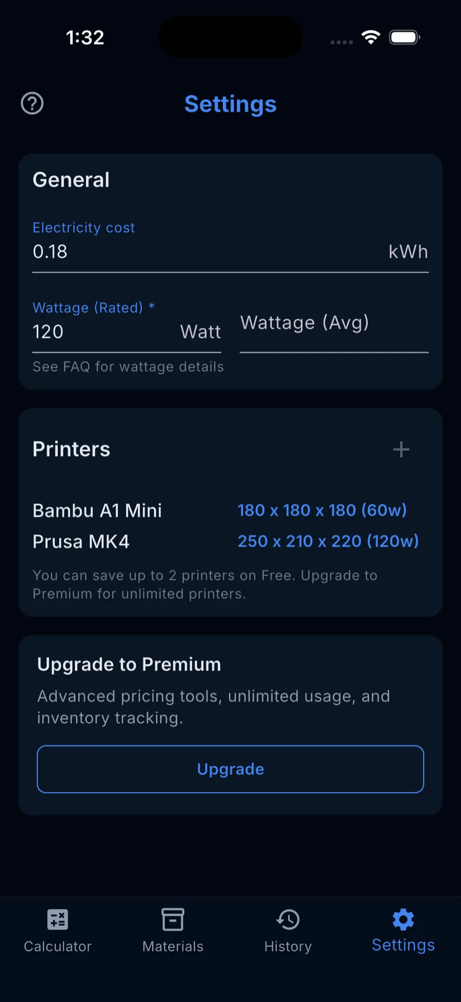 Free settings showing the core options available without upgrading