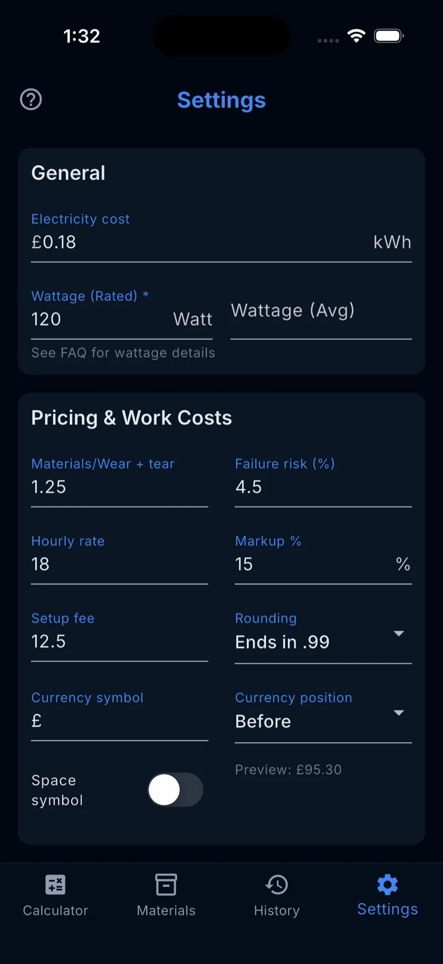 Premium settings for labour, failure risk, markup, setup fees, rounding, exports, and stock tracking
